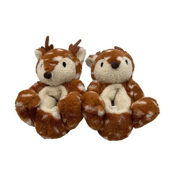 GAP Baby Brown Cream Faux Fur Sherpa Lined Reindeer Slippers Size Medium - Picture 3 of 8